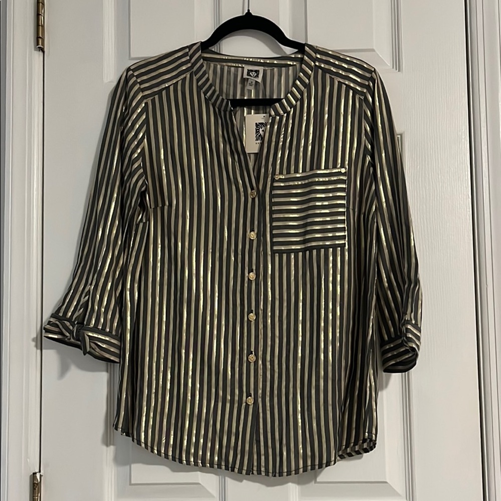 Anne Klein Gold Black Striped Shirt Medium Med M button front top 3/4 length